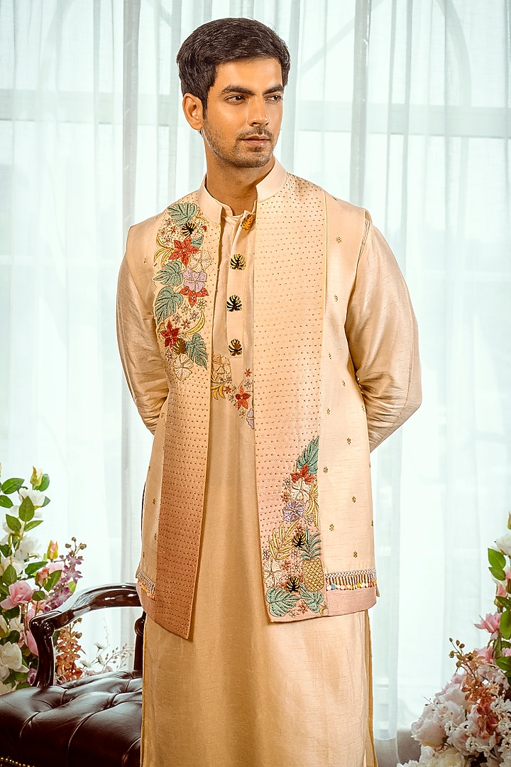 Light Gold Silk Cutdana Embroidered Nehru Jacket Set by ADANI at Pernia's Pop Up Shop