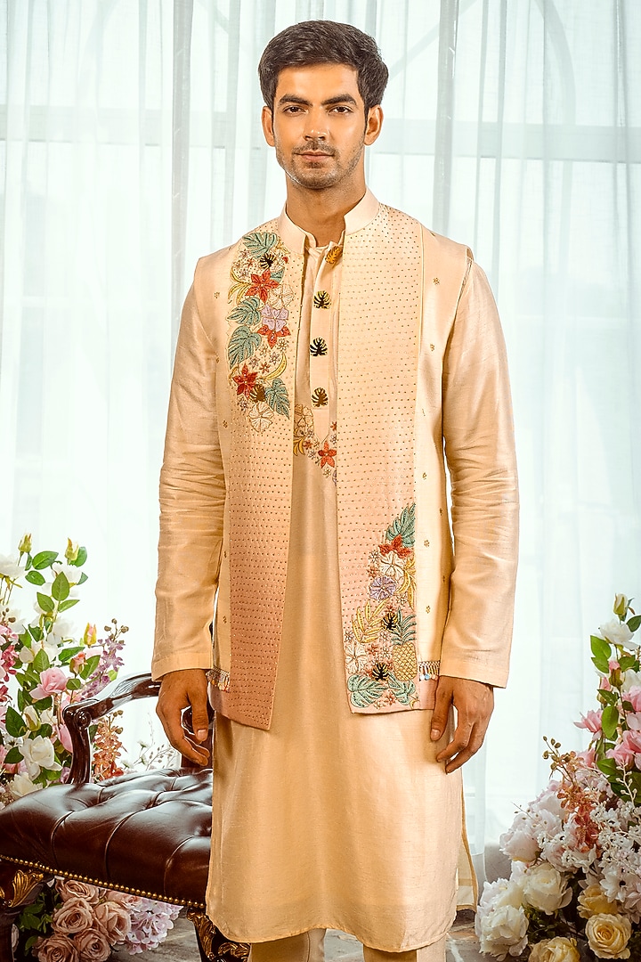 Light Gold Silk Cutdana Embroidered Nehru Jacket Set by ADANI at Pernia's Pop Up Shop