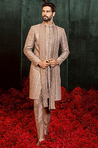 Chocolate Mousse Raw Silk Hand Embellished Sherwani Set by ADANI