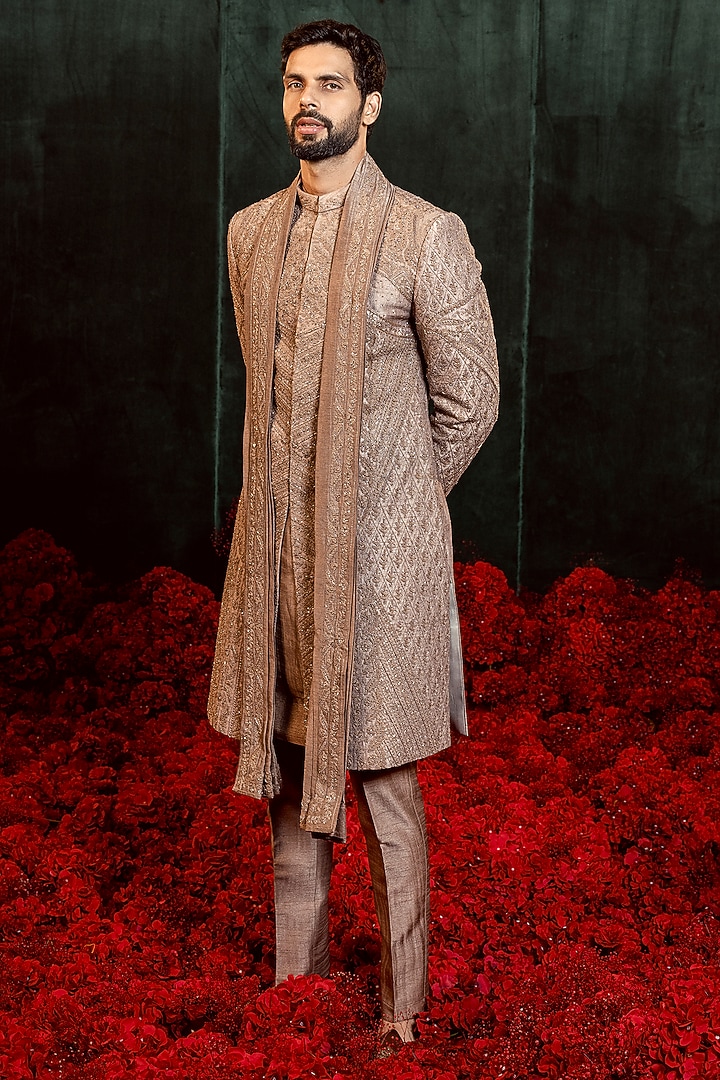 Chocolate Mousse Raw Silk Hand Embellished Groom Sherwani Set by ADANI at Pernia's Pop Up Shop