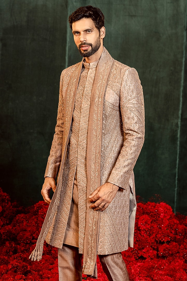 Chocolate Mousse Raw Silk Hand Embellished Groom Sherwani Set by ADANI at Pernia's Pop Up Shop