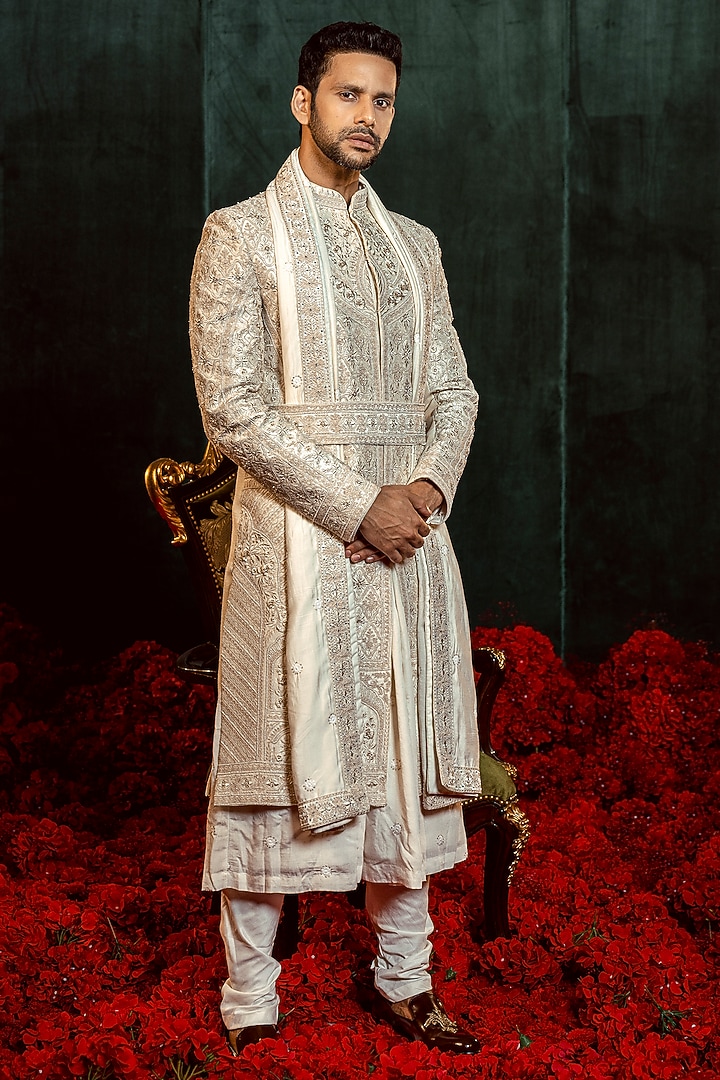 Ivory Raw Silk Dori Embroidered Groom Sherwani Set by ADANI at Pernia's Pop Up Shop