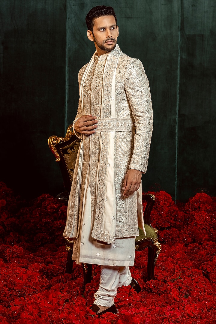 Ivory Raw Silk Dori Embroidered Groom Sherwani Set by ADANI at Pernia's Pop Up Shop