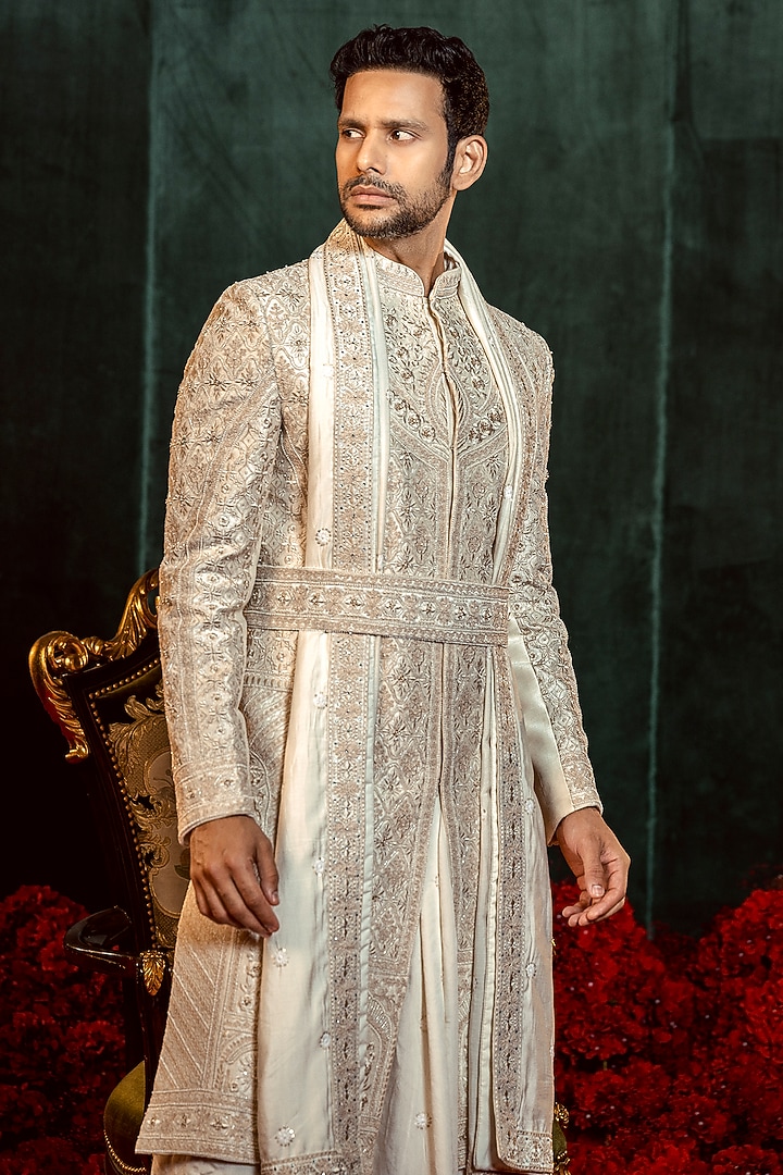 Ivory Raw Silk Dori Embroidered Groom Sherwani Set by ADANI at Pernia's Pop Up Shop