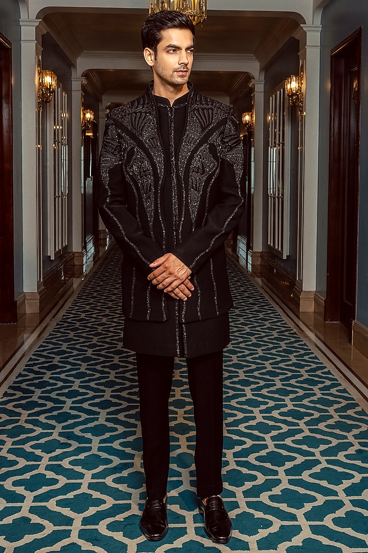 Black Poly Lycra Hand Embroidered Wedding Indowestern Set by ADANI at Pernia's Pop Up Shop