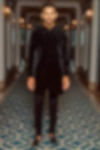 Black Velvet Cutdana Embroidered Wedding Indowestern Set by ADANI at Pernia's Pop Up Shop