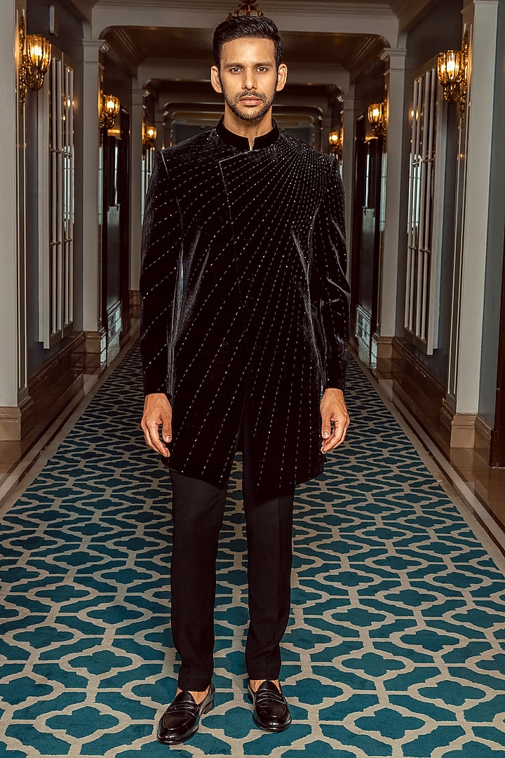 Black Velvet Cutdana Embroidered Wedding Indowestern Set by ADANI at Pernia's Pop Up Shop