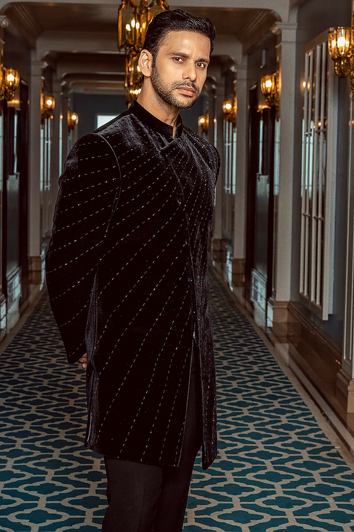 Black Velvet Cutdana Embroidered Wedding Indowestern Set by ADANI at Pernia's Pop Up Shop