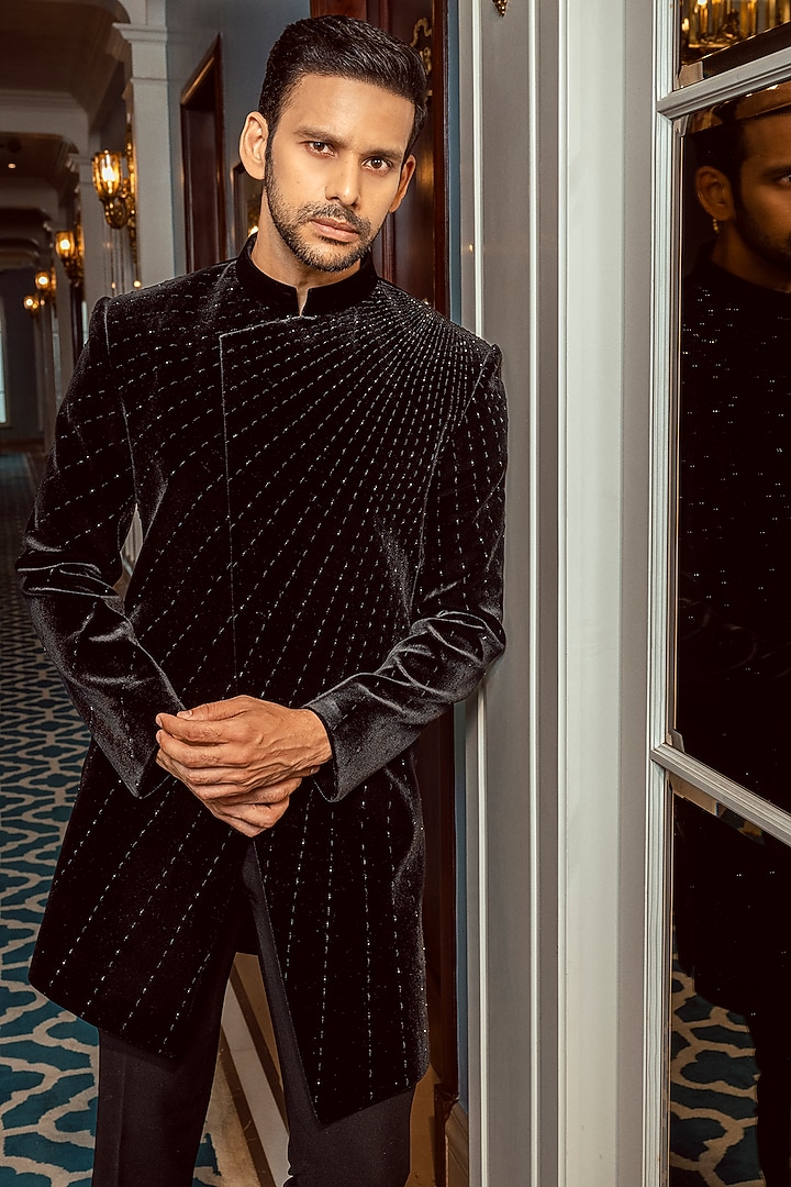 Black Velvet Cutdana Embroidered Wedding Indowestern Set by ADANI at Pernia's Pop Up Shop