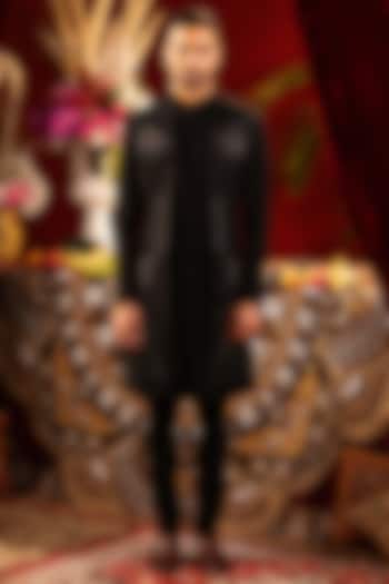 Black Poly Lycra Hand Embroidered Wedding Indowestern Set by ADANI at Pernia's Pop Up Shop