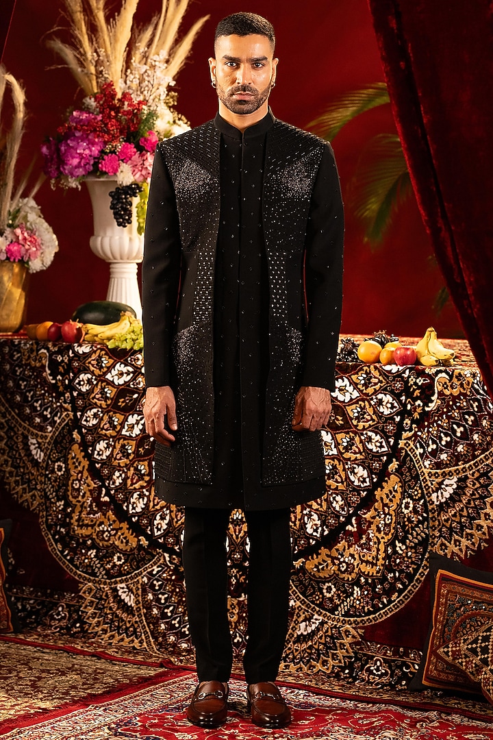 Black Poly Lycra Hand Embroidered Wedding Indowestern Set by ADANI at Pernia's Pop Up Shop