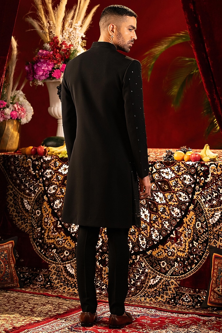 Black Poly Lycra Hand Embroidered Wedding Indowestern Set by ADANI at Pernia's Pop Up Shop
