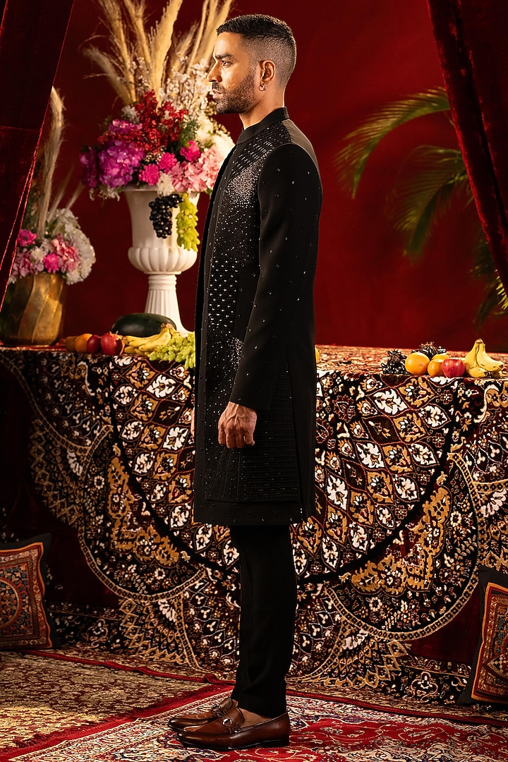 Black Poly Lycra Hand Embroidered Wedding Indowestern Set by ADANI at Pernia's Pop Up Shop