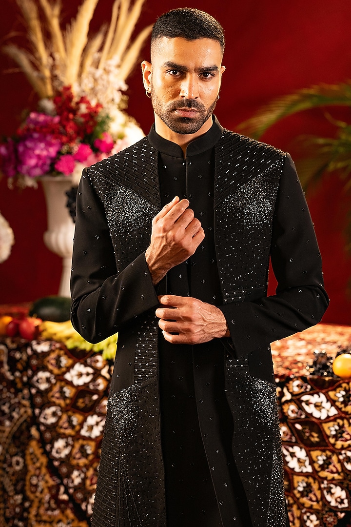 Black Poly Lycra Hand Embroidered Wedding Indowestern Set by ADANI at Pernia's Pop Up Shop