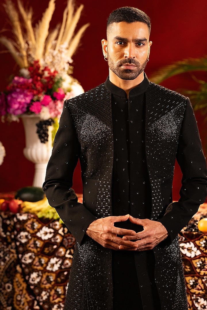 Black Poly Lycra Hand Embroidered Wedding Indowestern Set by ADANI at Pernia's Pop Up Shop