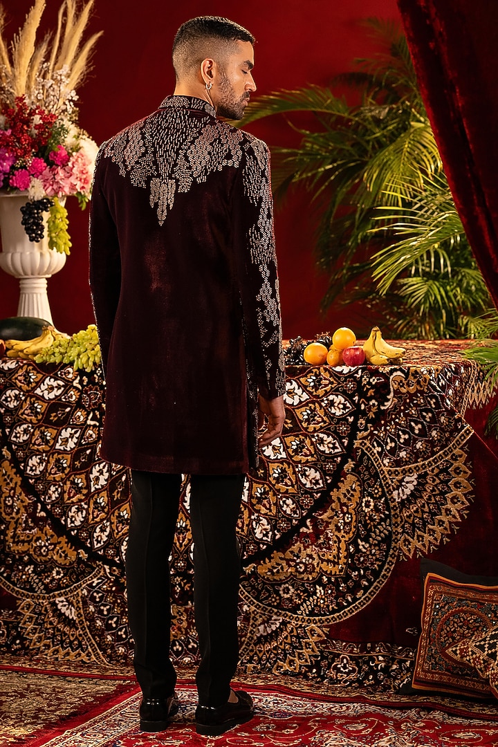 Wine Cotton Velvet Hand Embroidered Groom Indowestern Set by ADANI at Pernia's Pop Up Shop