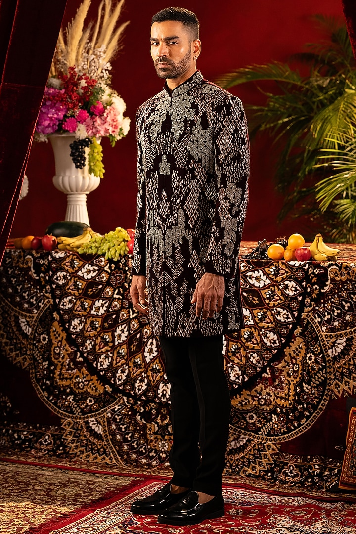 Wine Cotton Velvet Hand Embroidered Groom Indowestern Set by ADANI at Pernia's Pop Up Shop