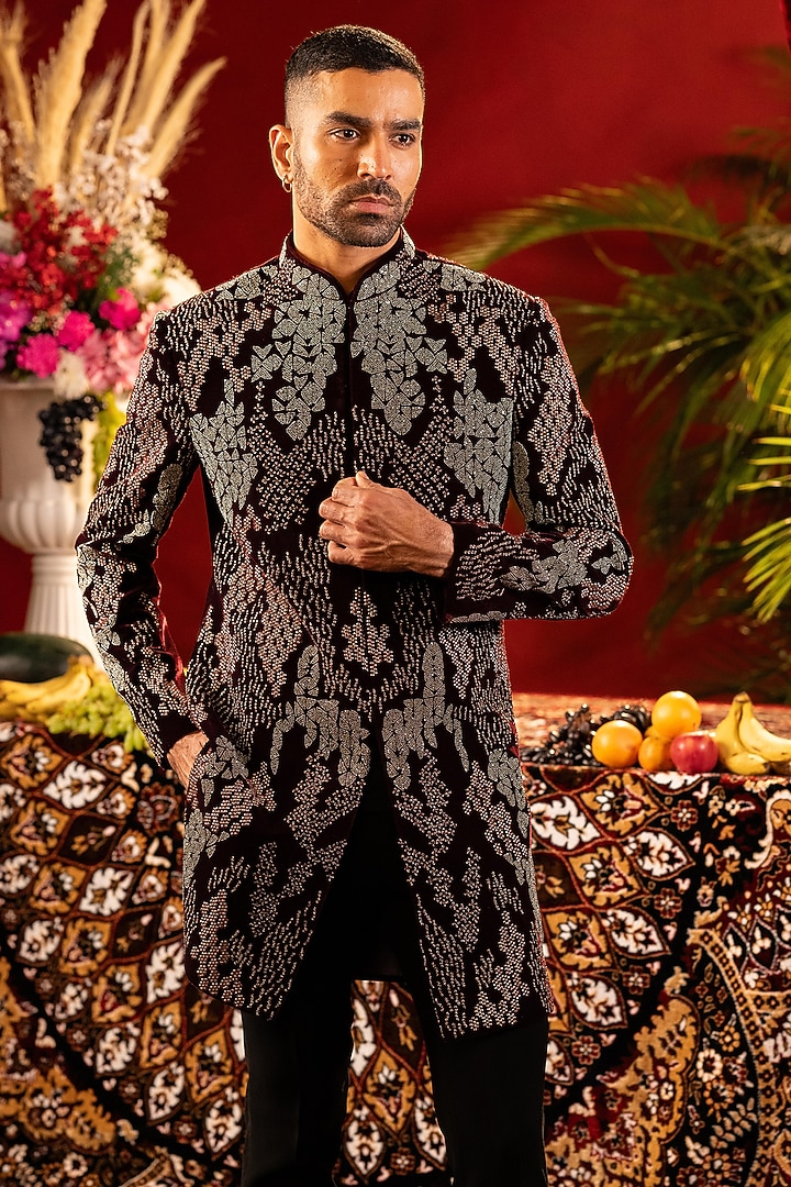 Wine Cotton Velvet Hand Embroidered Groom Indowestern Set by ADANI at Pernia's Pop Up Shop