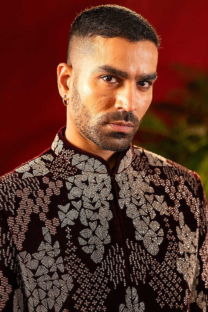Wine Cotton Velvet Hand Embroidered Groom Indowestern Set by ADANI at Pernia's Pop Up Shop