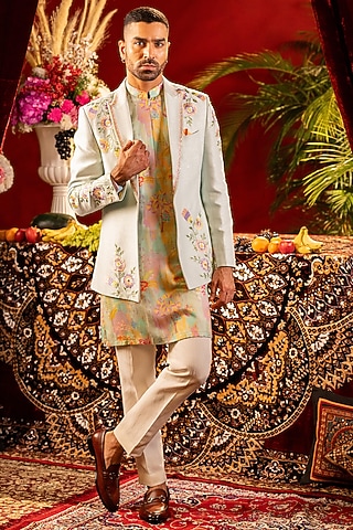Pastel Blue Silk Floral Embroidered Indowestern Set by ADANI