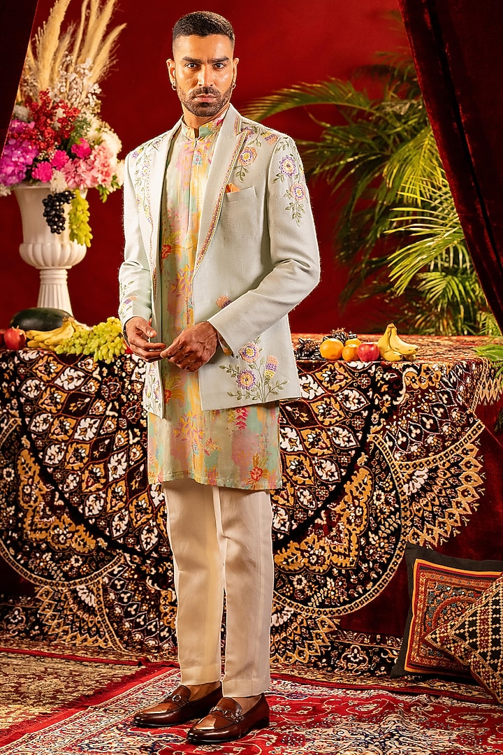 Pastel Blue Silk Floral Embroidered Wedding Indowestern Set by ADANI at Pernia's Pop Up Shop