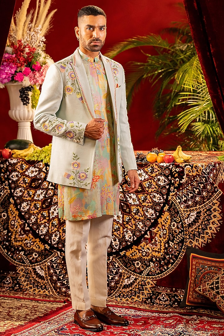 Pastel Blue Silk Floral Embroidered Wedding Indowestern Set by ADANI at Pernia's Pop Up Shop