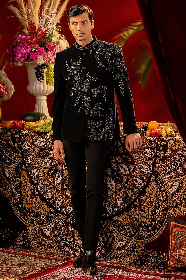 Black Velvet Hand Painted & Embroidered Jodhpuri Set by ADANI
