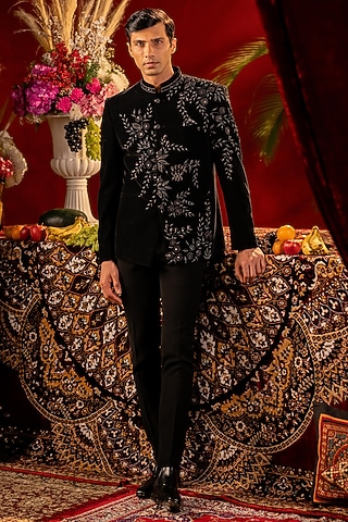 Black Velvet Hand Painted & Embroidered Jodhpuri Set by ADANI