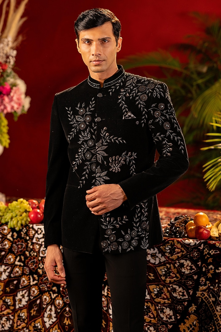 Black Velvet Hand Painted & Embroidered Jodhpuri Set by ADANI at Pernia's Pop Up Shop