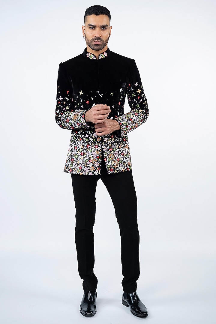 Black Velvet Hand Embroidered Jodhpuri Set by ADANI