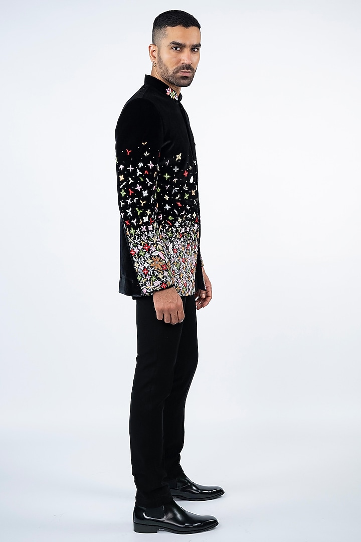 Black Velvet Hand Embroidered Jodhpuri Set by ADANI at Pernia's Pop Up Shop
