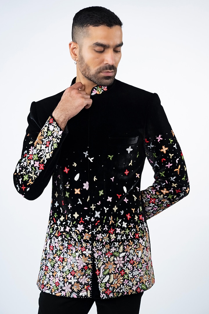 Black Velvet Hand Embroidered Jodhpuri Set by ADANI at Pernia's Pop Up Shop