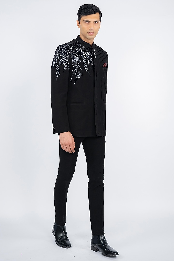 Black Premium Suiting Fabric Hand Embroidered Jodhpuri Set by ADANI at Pernia's Pop Up Shop