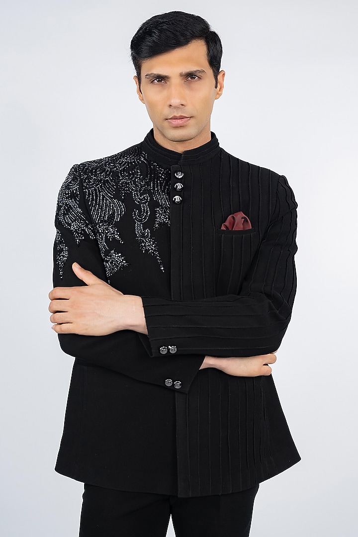 Black Premium Suiting Fabric Hand Embroidered Jodhpuri Set by ADANI at Pernia's Pop Up Shop