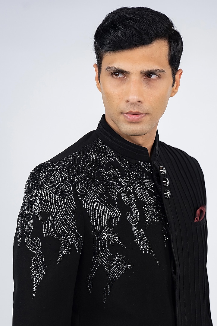 Black Premium Suiting Fabric Hand Embroidered Jodhpuri Set by ADANI at Pernia's Pop Up Shop