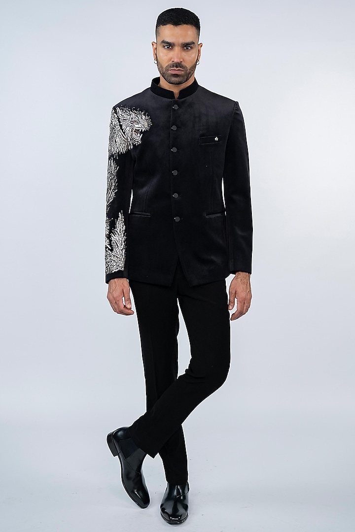 Black Velvet & Suede Hand Embroidered Jodhpuri Set by ADANI