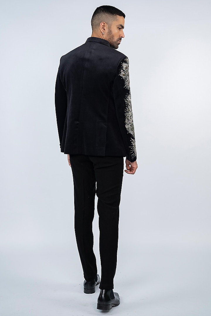 Black Velvet & Suede Hand Embroidered Jodhpuri Set by ADANI at Pernia's Pop Up Shop