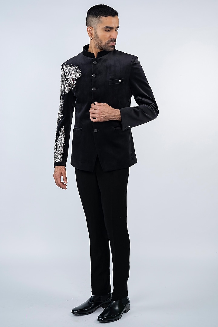 Black Velvet & Suede Hand Embroidered Jodhpuri Set by ADANI at Pernia's Pop Up Shop