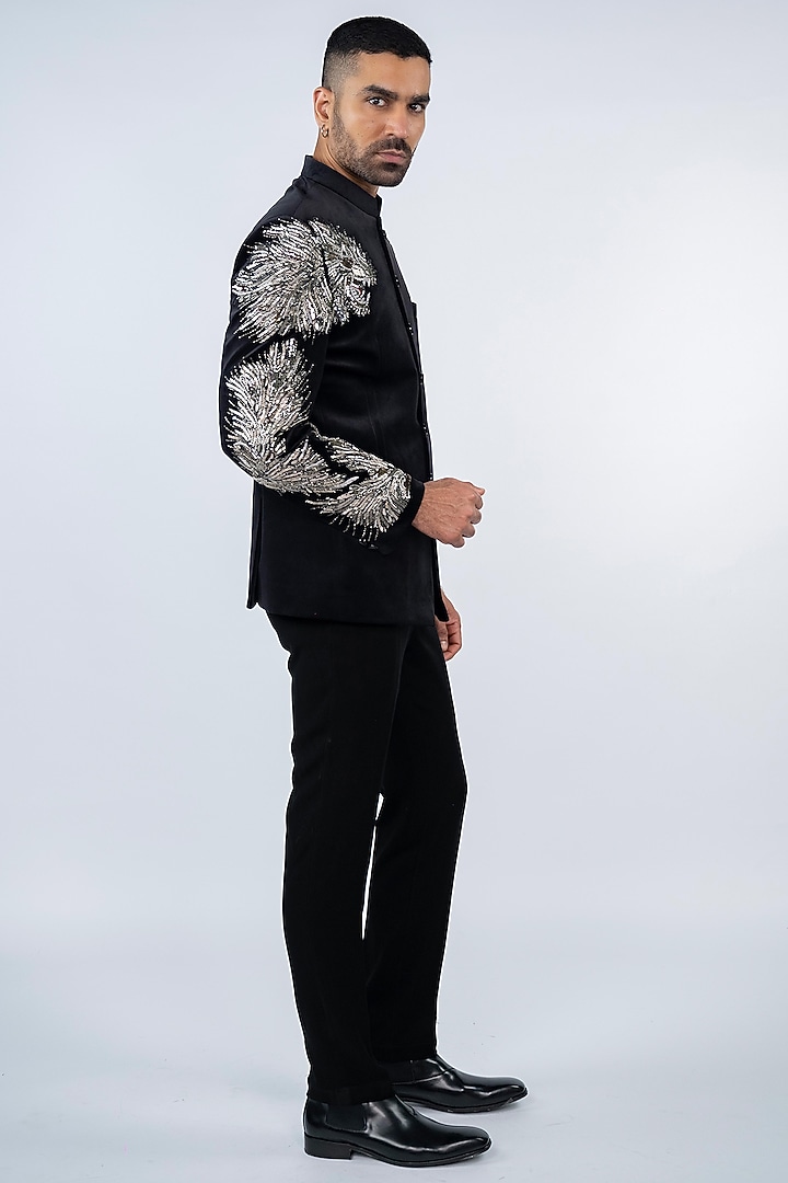 Black Velvet & Suede Hand Embroidered Jodhpuri Set by ADANI at Pernia's Pop Up Shop