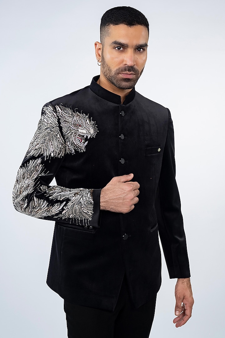 Black Velvet & Suede Hand Embroidered Jodhpuri Set by ADANI at Pernia's Pop Up Shop