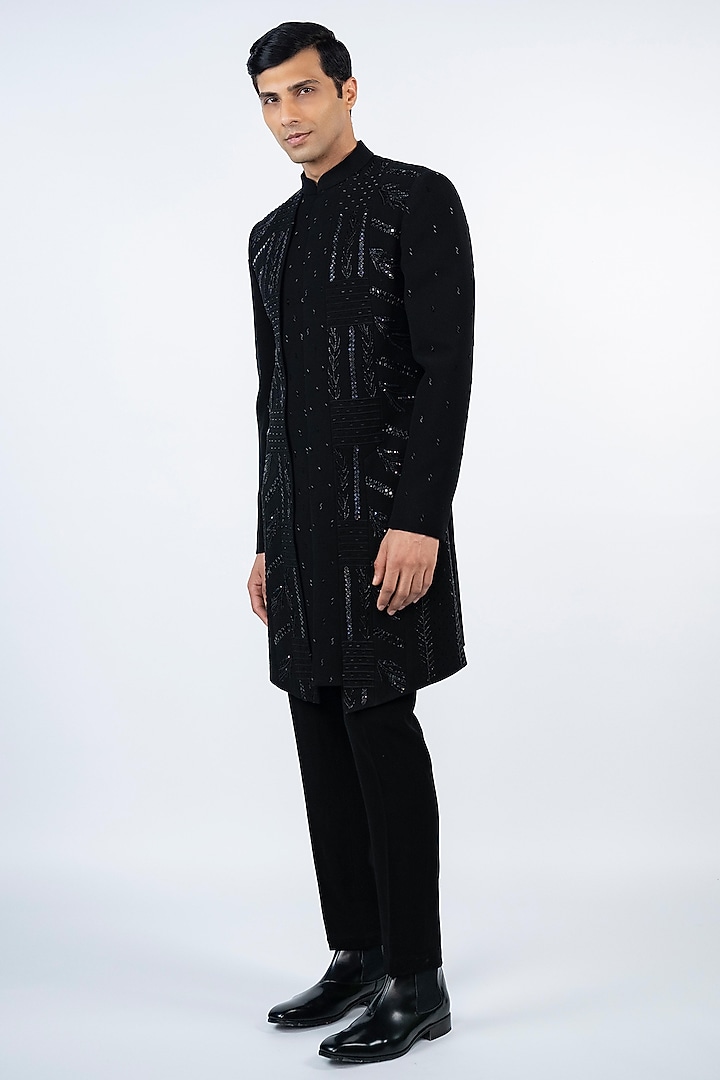 Black Imported Poly Lycra Cutdana Embroidered Wedding Indowestern Set by ADANI at Pernia's Pop Up Shop