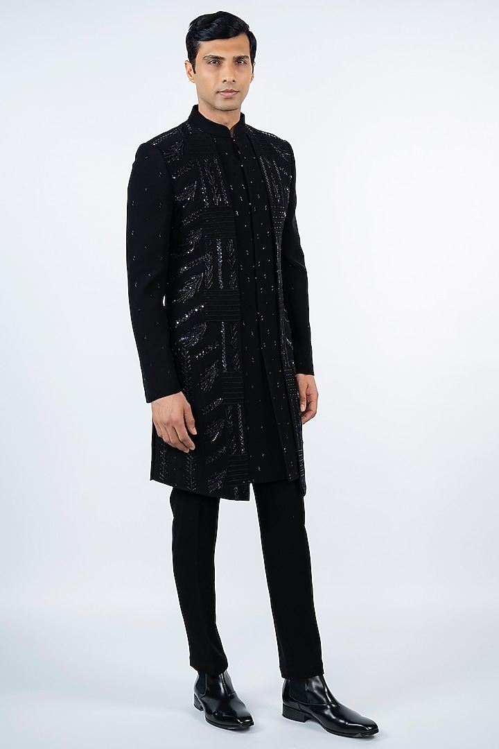 Black Imported Poly Lycra Cutdana Embroidered Wedding Indowestern Set by ADANI at Pernia's Pop Up Shop
