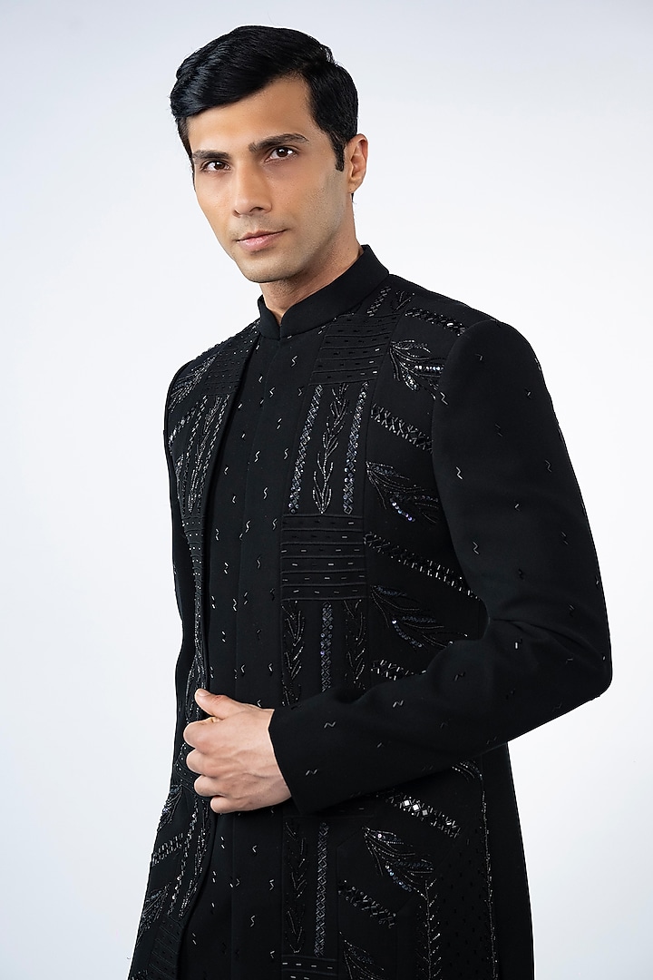 Black Imported Poly Lycra Cutdana Embroidered Wedding Indowestern Set by ADANI at Pernia's Pop Up Shop