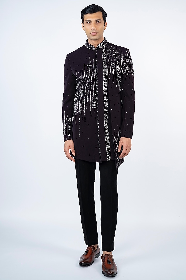 Black Poly Lycra Hand Embroidered Wedding Indowestern Set by ADANI at Pernia's Pop Up Shop