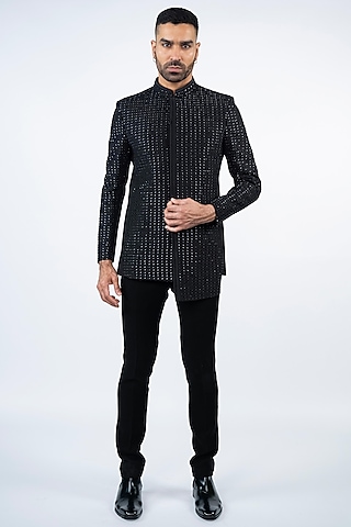Black Terry Rayon Machine Embroidered Jodhpuri Set by ADANI