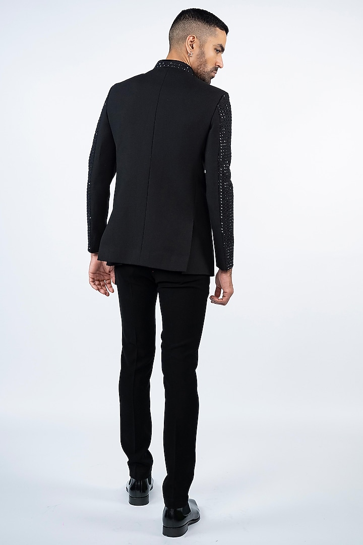 Black Terry Rayon Machine Embroidered Jodhpuri Set by ADANI at Pernia's Pop Up Shop