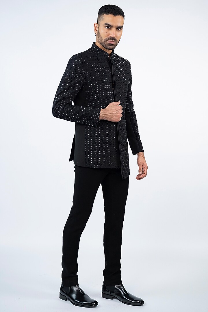 Black Terry Rayon Machine Embroidered Jodhpuri Set by ADANI at Pernia's Pop Up Shop