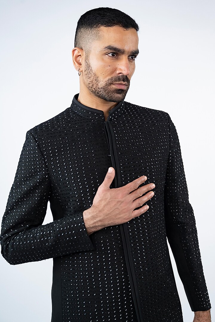 Black Terry Rayon Machine Embroidered Jodhpuri Set by ADANI at Pernia's Pop Up Shop