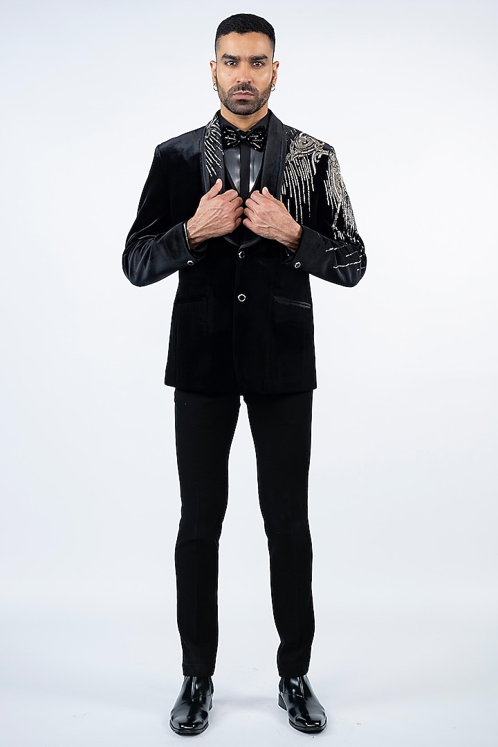 Black Velvet Hand Embroidered Tuxedo Set by ADANI