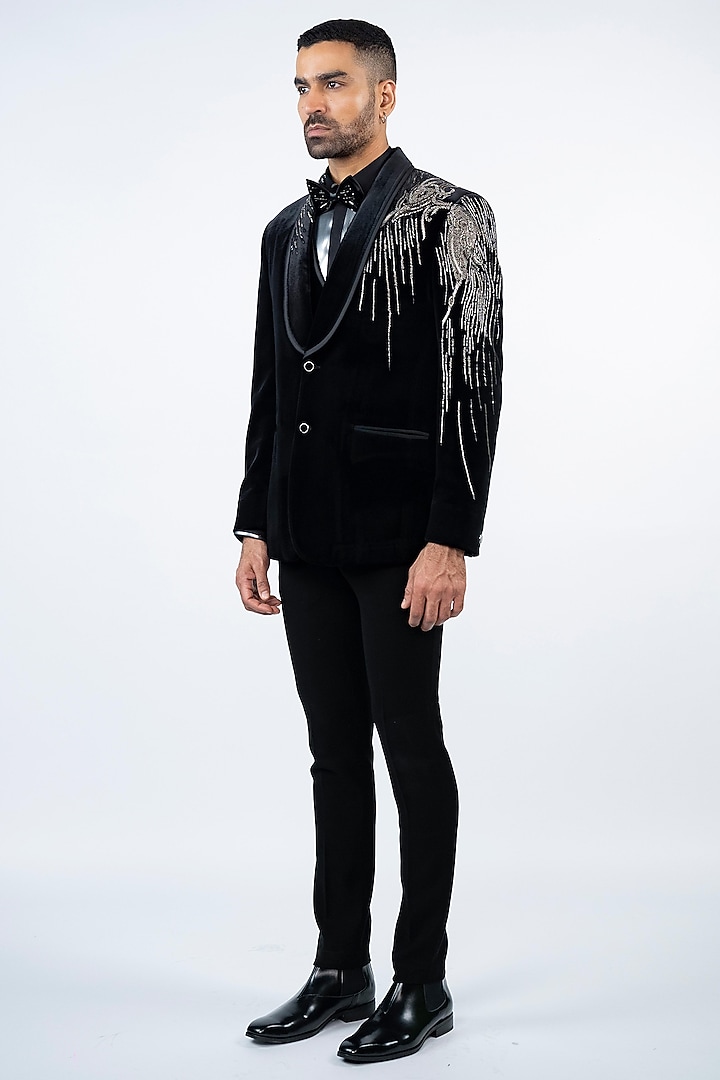 Black Velvet Hand Embroidered Tuxedo Set by ADANI at Pernia's Pop Up Shop